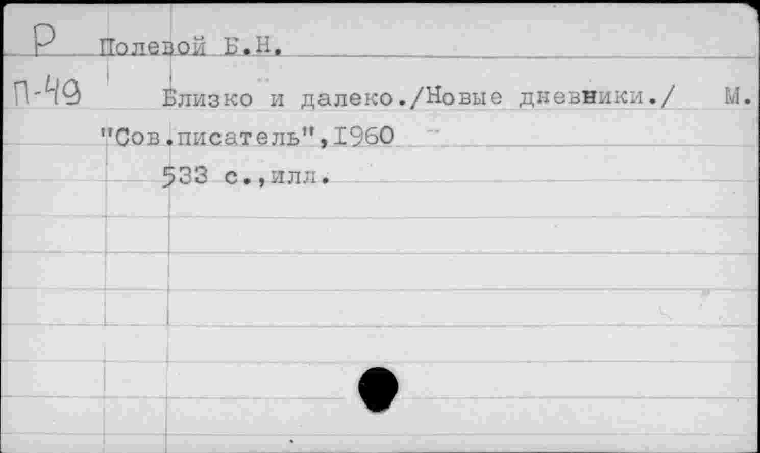 ﻿Полевой Б,Иж___________________
Близко и далеко./Новые дневники./ М. "Сов.писатель",1960
533 с.,илл.